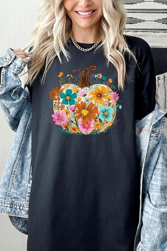 Floral Pumpkin Graphic Heavy Cotton Tee - Blu Lotus Boutique
