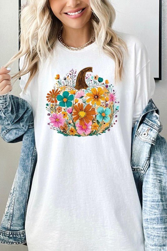 Floral Pumpkin Graphic Heavy Cotton Tee - Blu Lotus Boutique