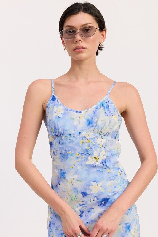 FLORAL SATIN SLIP MIDI DRESS - Blu Lotus Boutique