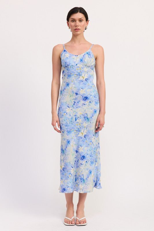 FLORAL SATIN SLIP MIDI DRESS - Blu Lotus Boutique
