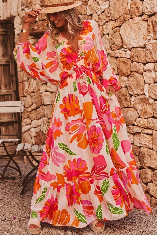 Floral V - Neck Puff Sleeve Maxi Dress - Blu Lotus Boutique
