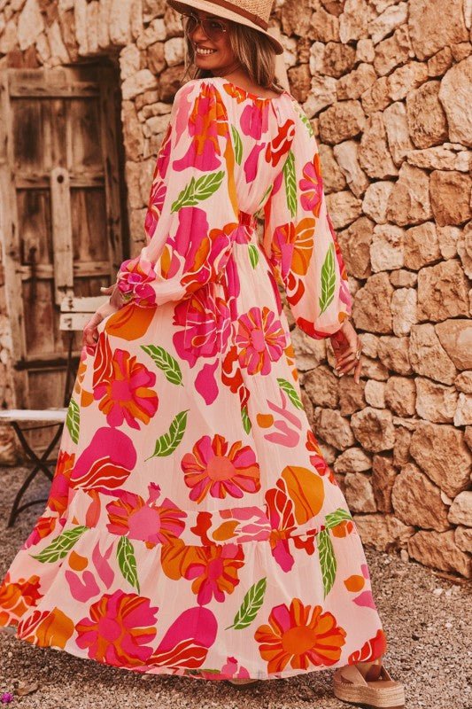 Floral V - Neck Puff Sleeve Maxi Dress - Blu Lotus Boutique