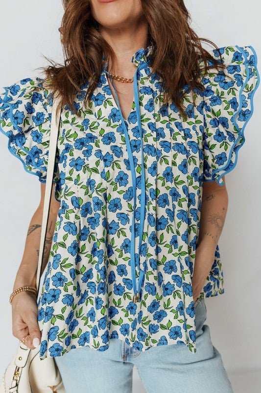 Flower Tiered Flutter Sleeve Pleated Blouse - Blu Lotus Boutique