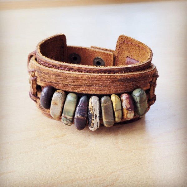 Genuine Leather Cuff w Picasso Jasper Gemstone - Blu Lotus Boutique