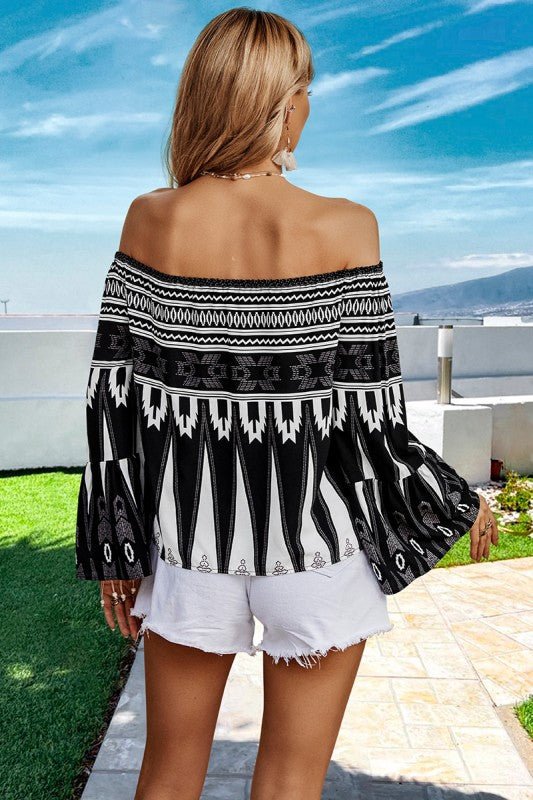 Geo Graphic Off Shoulder Loose Blouse - Blu Lotus Boutique