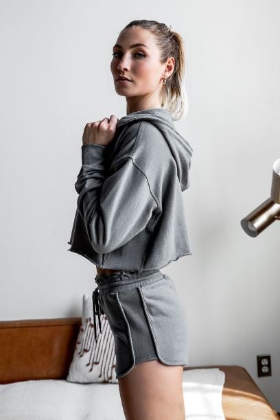 Grey Raw Edges Cropped Hoodie and Bottom Sets - Blu Lotus Boutique