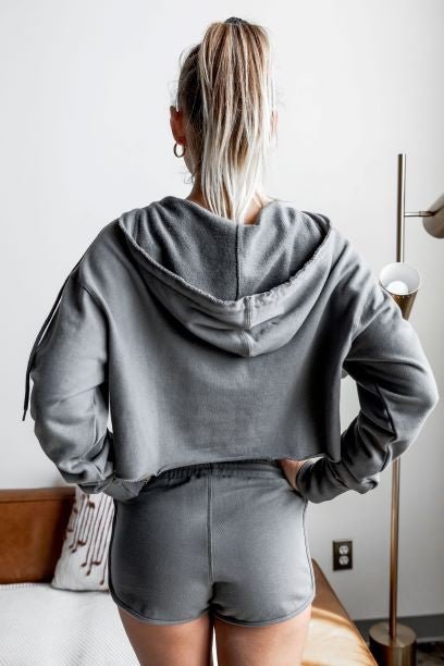 Grey Raw Edges Cropped Hoodie and Bottom Sets - Blu Lotus Boutique