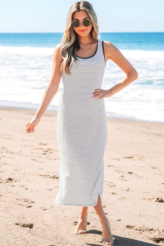 Hana Stripe Criss Cross Slim Fit Midi Dress - Blu Lotus Boutique