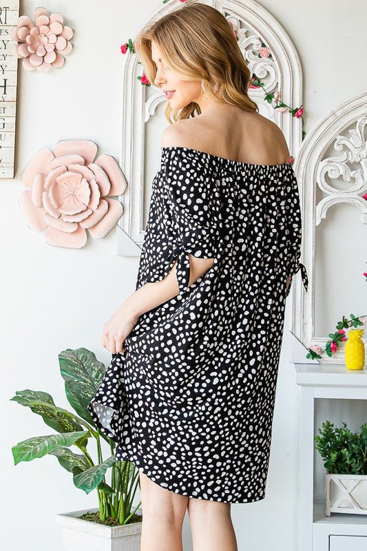 Heimish Full Size Short Sleeve Off Shoulder Animal Mini Dress Plus Size - Blu Lotus Boutique