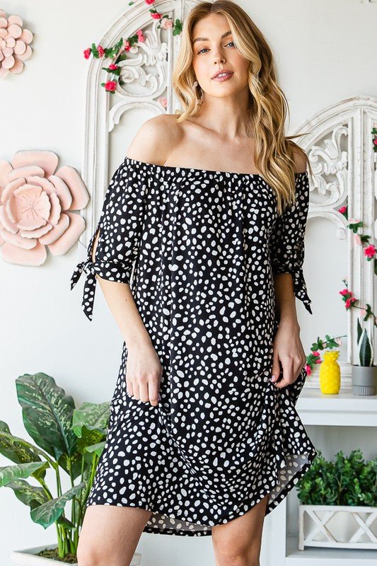 Heimish Full Size Short Sleeve Off Shoulder Animal Mini Dress Plus Size - Blu Lotus Boutique