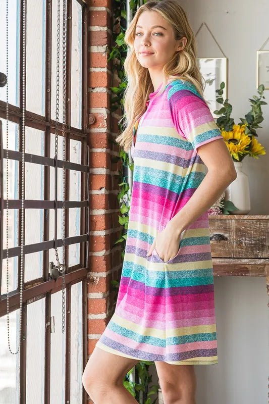 Heimish Full Size Striped Short Sleeve Mini Tee Dress Plus Size - Blu Lotus Boutique