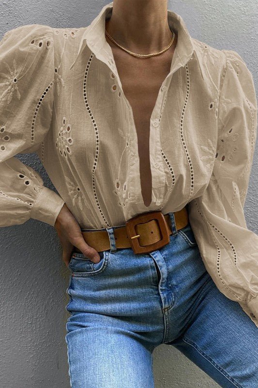 Hollow Out Solid Button Puff Sleeves Blouse - Blu Lotus Boutique