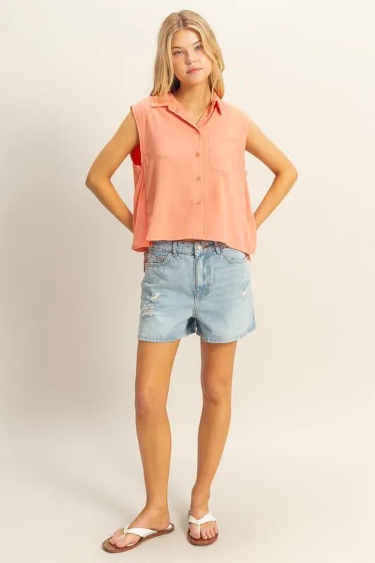 HYFVE Buttoned Front Sleeveless Collar Shirt - Blu Lotus Boutique