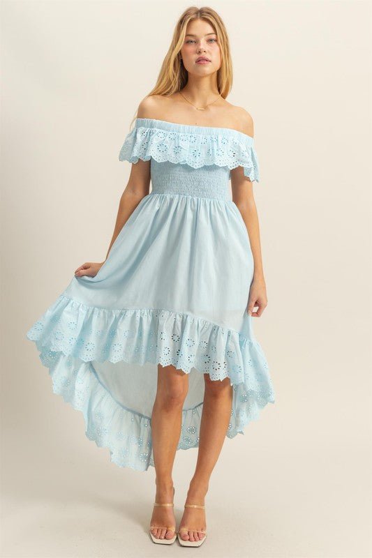 HYFVE High - Low Eyelet Ruffled Off - Shoulder Dress - Blu Lotus Boutique