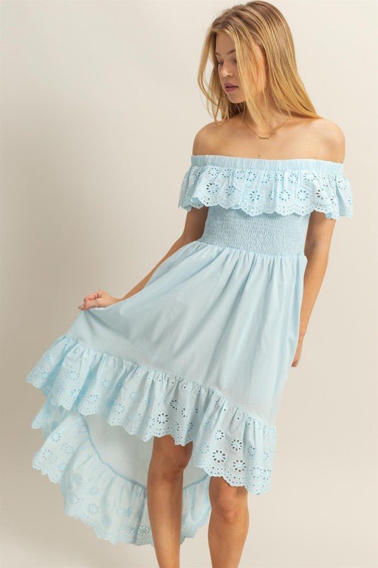 HYFVE High - Low Eyelet Ruffled Off - Shoulder Dress - Blu Lotus Boutique