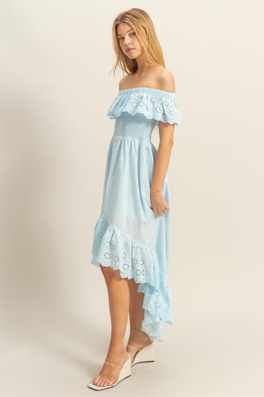 HYFVE High - Low Eyelet Ruffled Off - Shoulder Dress - Blu Lotus Boutique