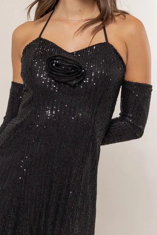 HYFVE Sequin Rosette Halter Mini Dress - Blu Lotus Boutique