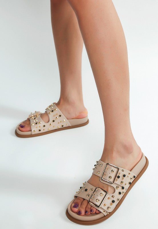 Jayata Metallic Stud Embellished Sliders - Blu Lotus Boutique