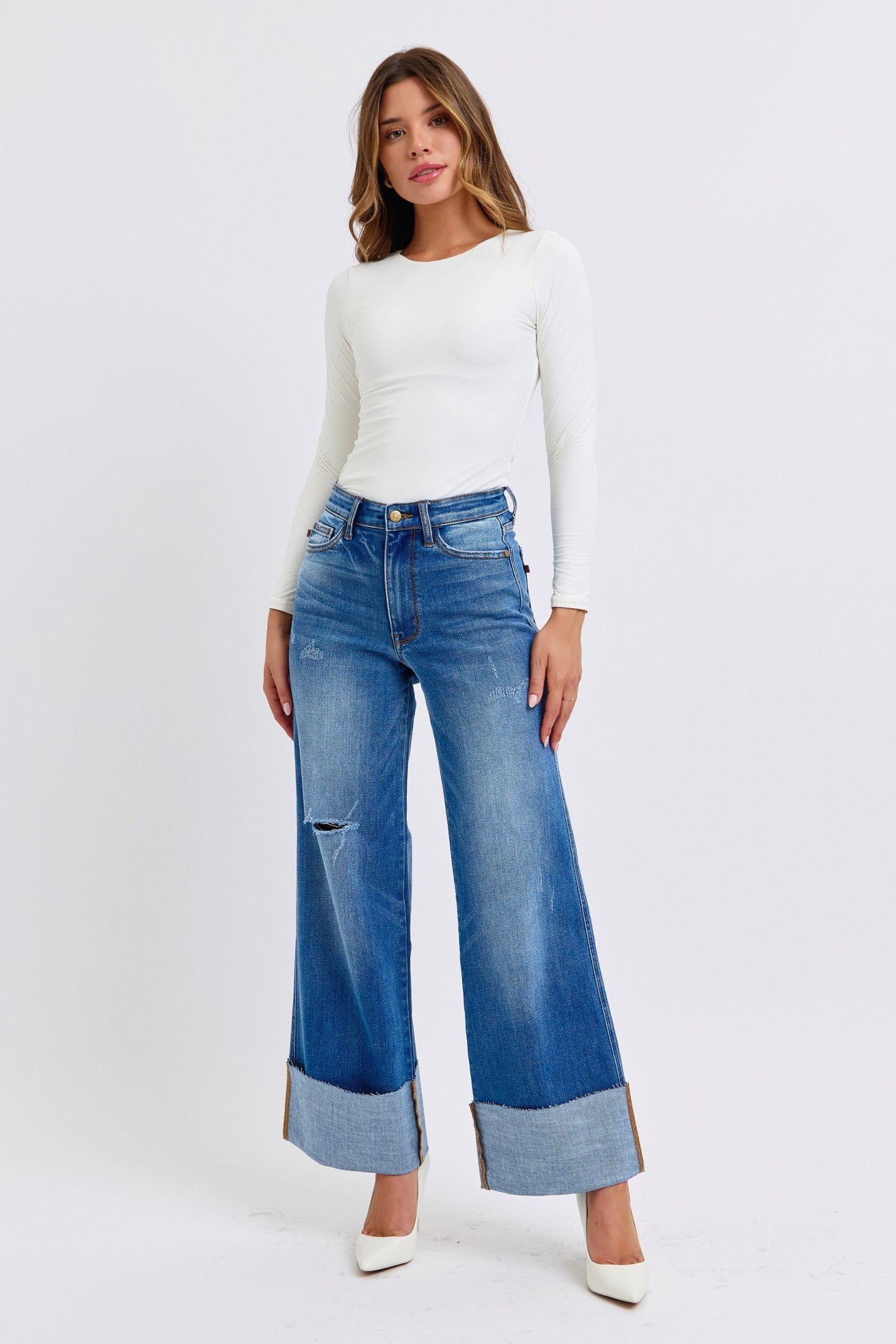 Judy Blue Full Size Distressed High Waist Wide Leg Jeans - Blu Lotus Boutique