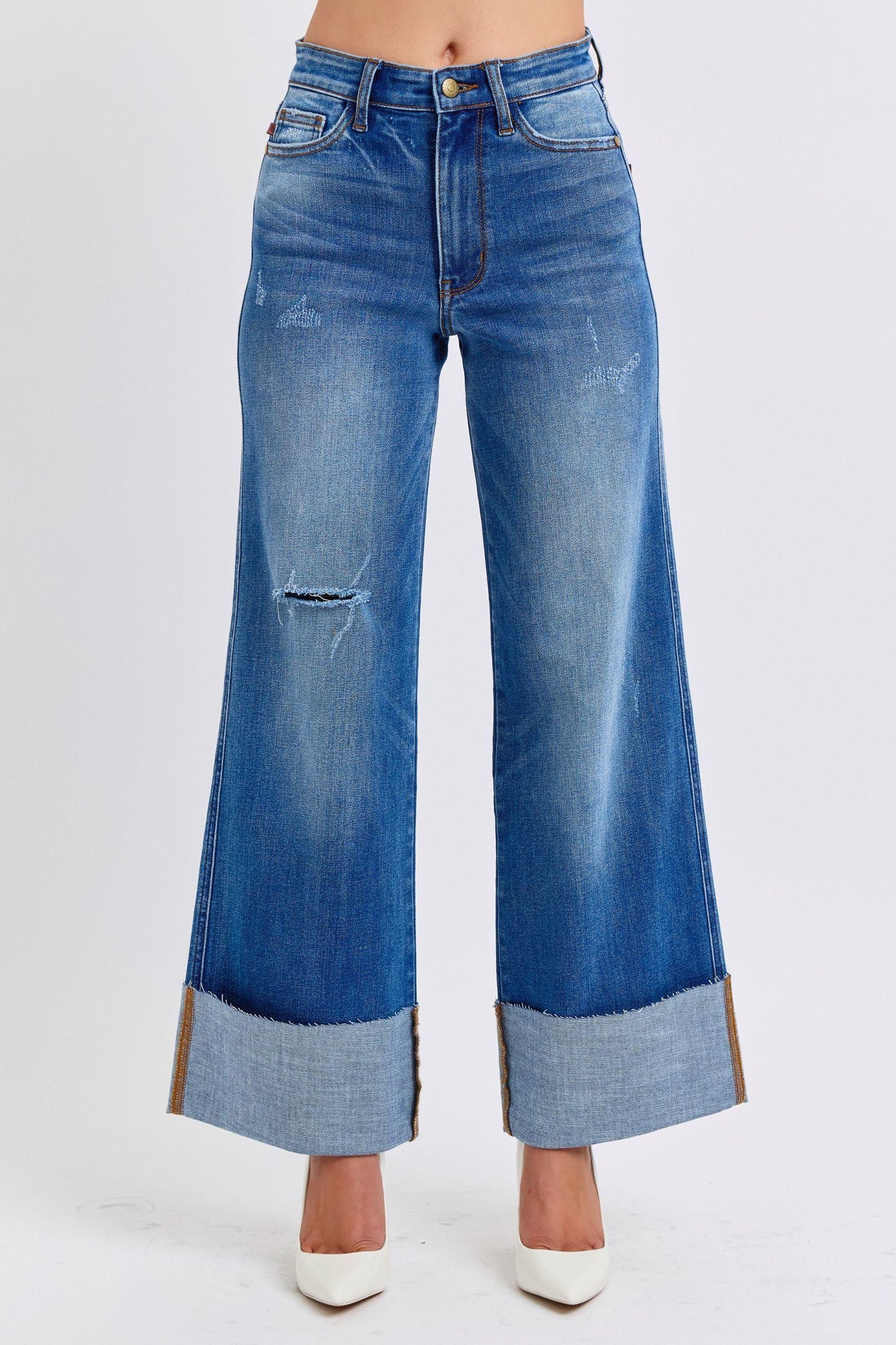 Judy Blue Full Size Distressed High Waist Wide Leg Jeans - Blu Lotus Boutique