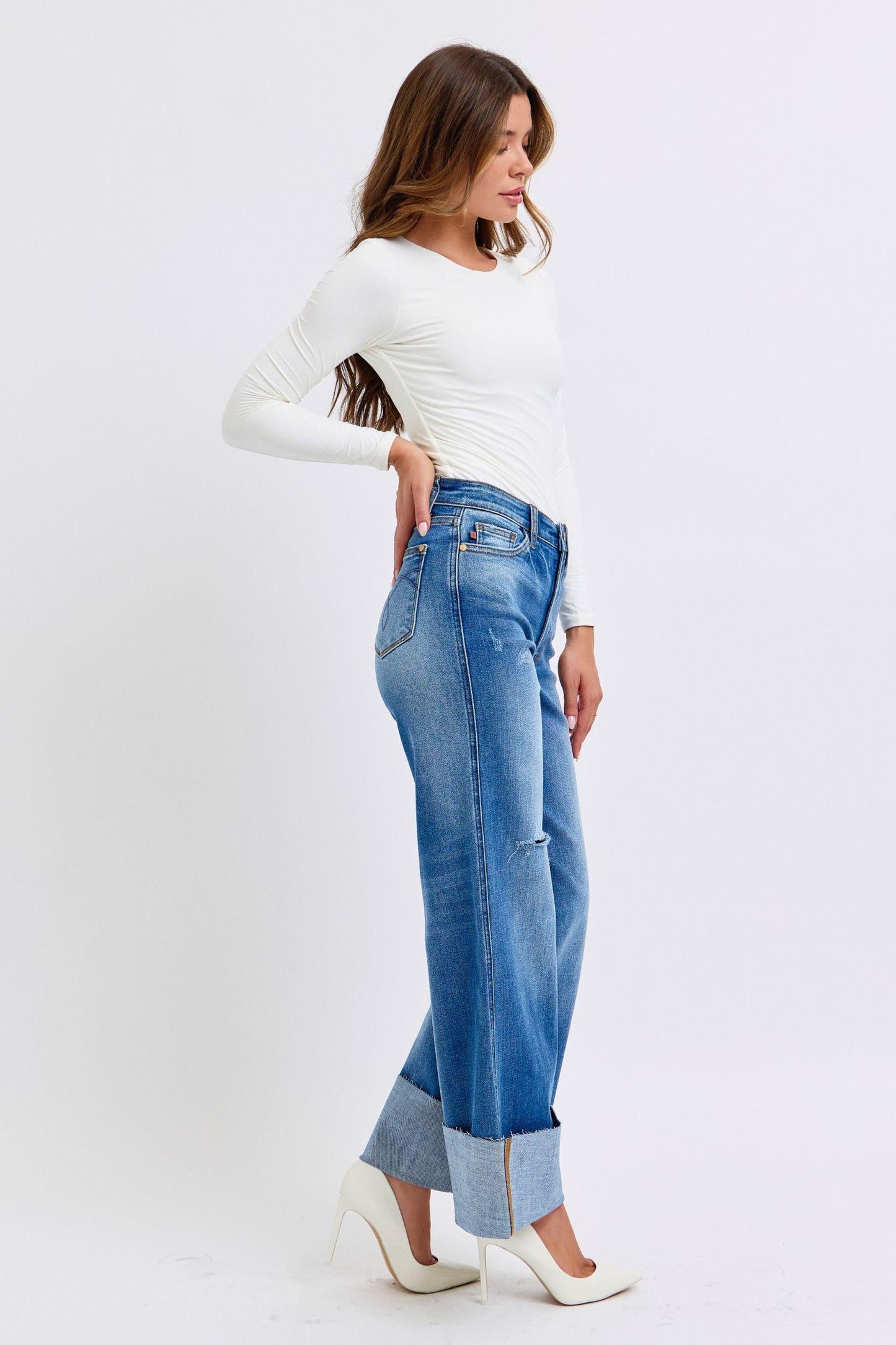 Judy Blue Full Size Distressed High Waist Wide Leg Jeans - Blu Lotus Boutique