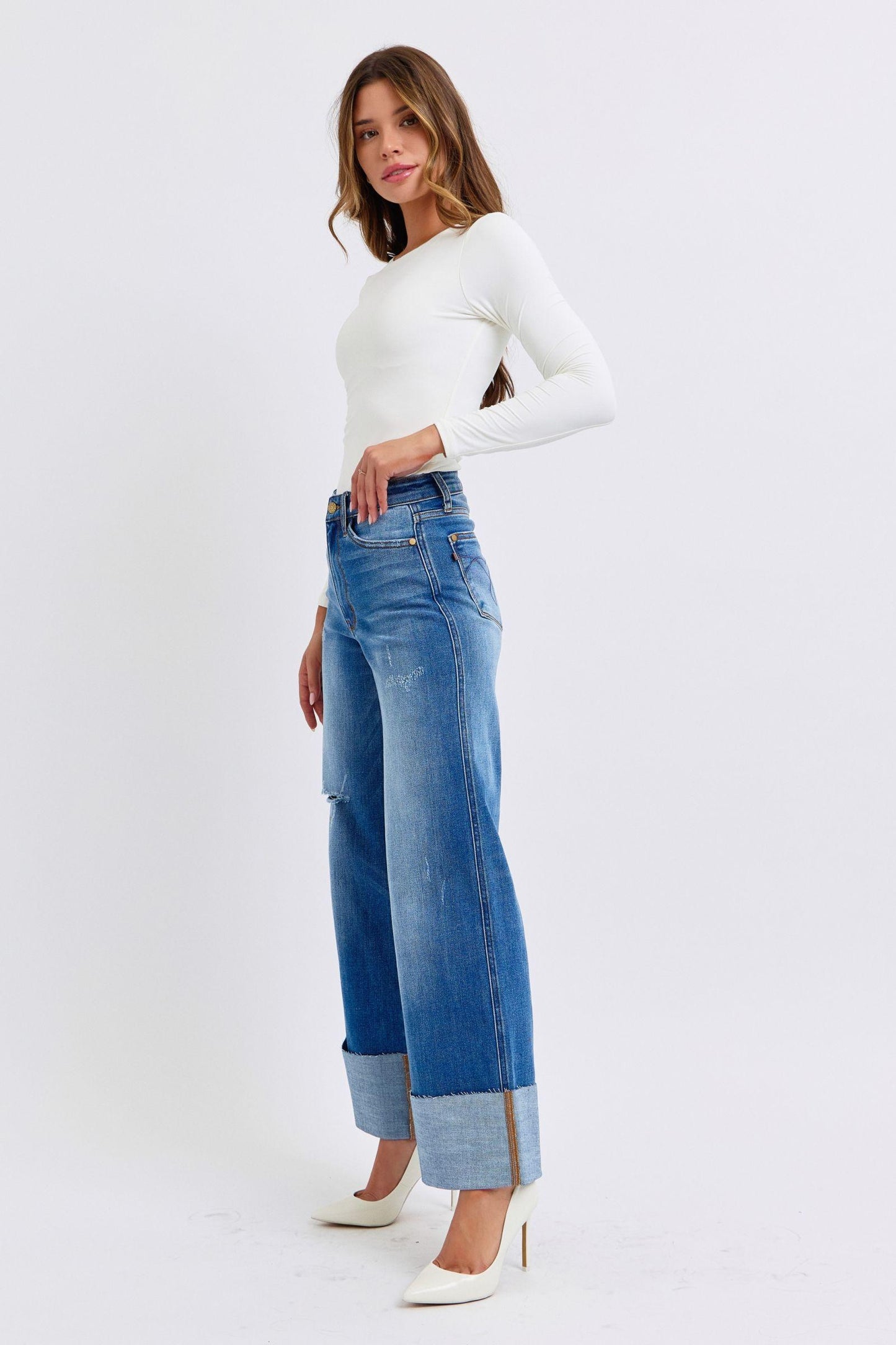 Judy Blue Full Size Distressed High Waist Wide Leg Jeans - Blu Lotus Boutique