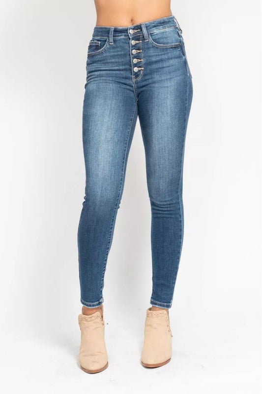 Judy Blue Full Size High Rise Button Fly Skinny Jeans Plus Size - Blu Lotus Boutique