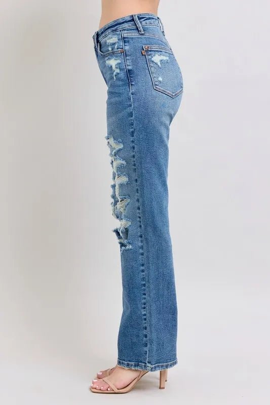 Judy Blue Full Size High Waist Heavy Destroy Straight Jeans Plus Size - Blu Lotus Boutique