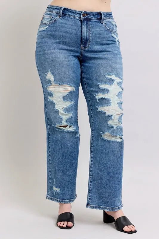 Judy Blue Full Size High Waist Heavy Destroy Straight Jeans Plus Size - Blu Lotus Boutique