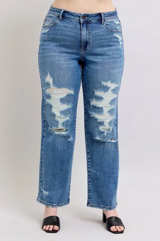 Judy Blue Full Size High Waist Heavy Destroy Straight Jeans Plus Size - Blu Lotus Boutique