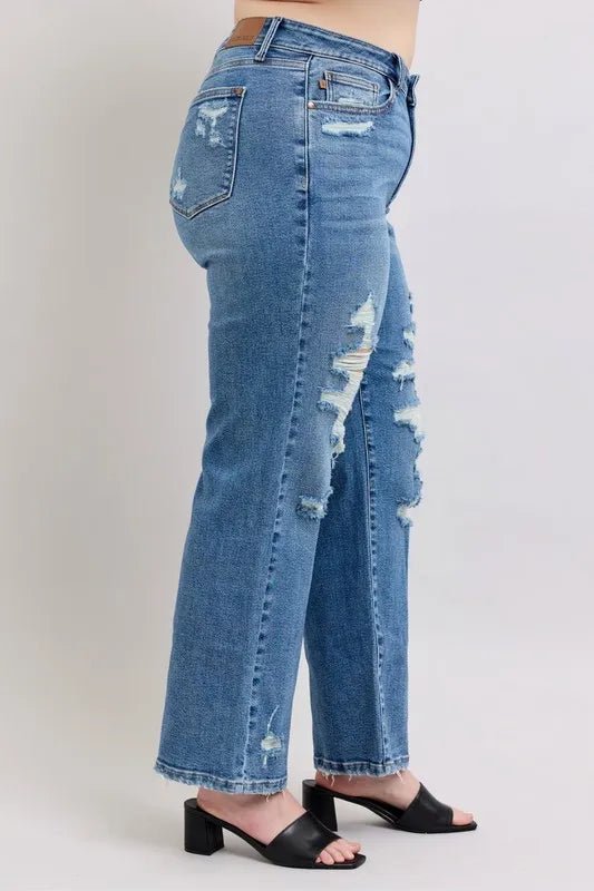 Judy Blue Full Size High Waist Heavy Destroy Straight Jeans Plus Size - Blu Lotus Boutique