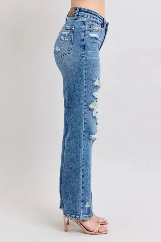 Judy Blue Full Size High Waist Heavy Destroy Straight Jeans Plus Size - Blu Lotus Boutique