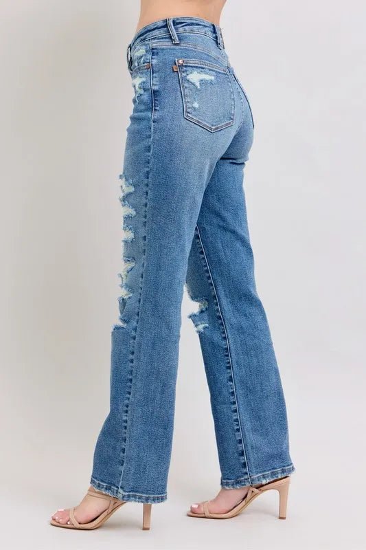 Judy Blue Full Size High Waist Heavy Destroy Straight Jeans Plus Size - Blu Lotus Boutique