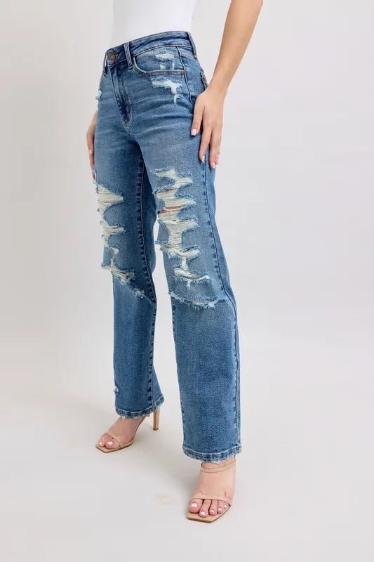 Judy Blue Full Size High Waist Heavy Destroy Straight Jeans Plus Size - Blu Lotus Boutique