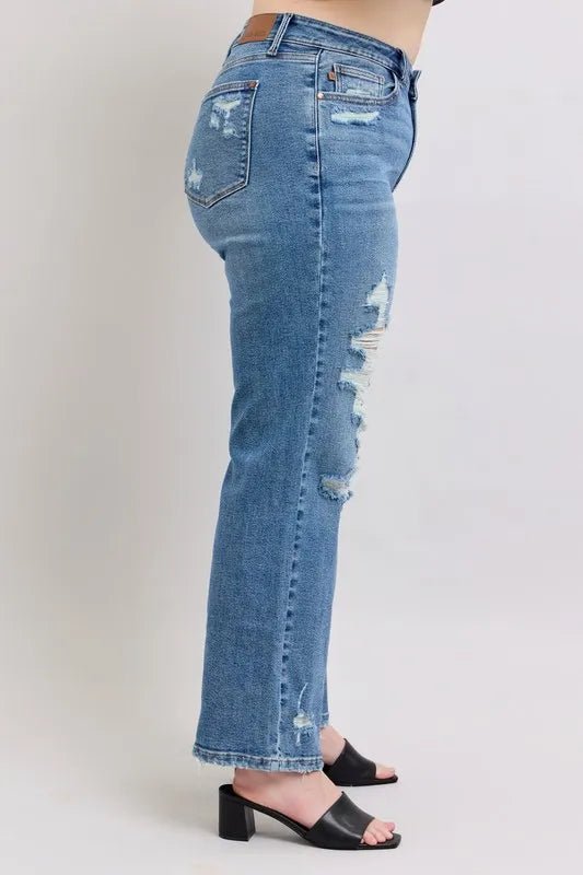 Judy Blue Full Size High Waist Heavy Destroy Straight Jeans Plus Size - Blu Lotus Boutique