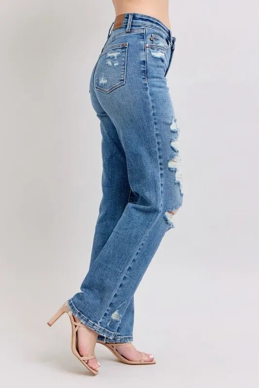 Judy Blue Full Size High Waist Heavy Destroy Straight Jeans Plus Size - Blu Lotus Boutique