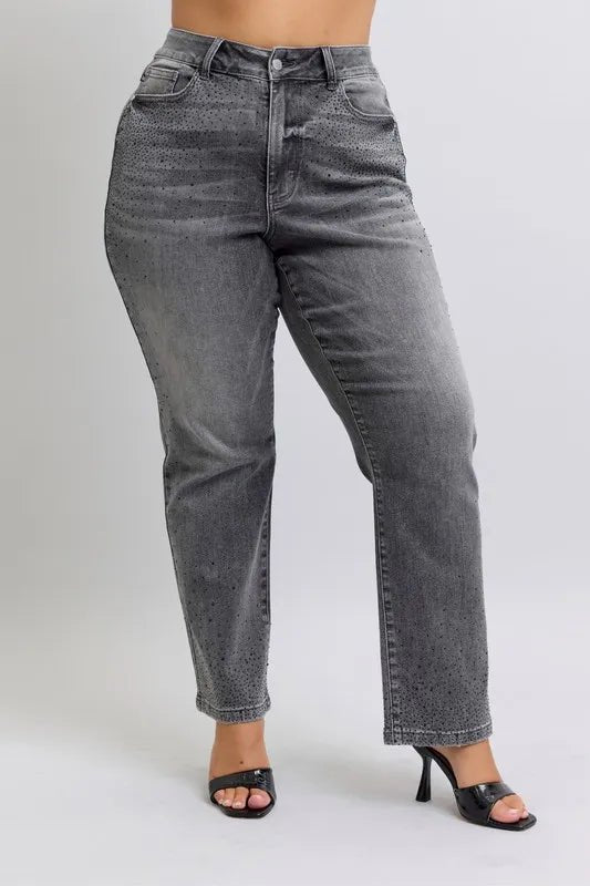 Judy Blue Full Size High Waist Rhinestone Straight Jeans Plus Size - Blu Lotus Boutique