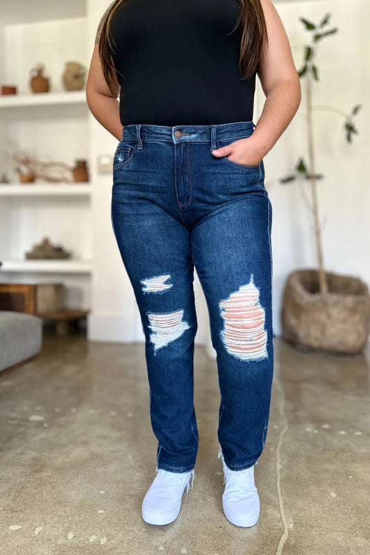 Judy Blue Full Size High Waist Rigid Magic Heavy Destroy Straight Jeans - Blu Lotus Boutique