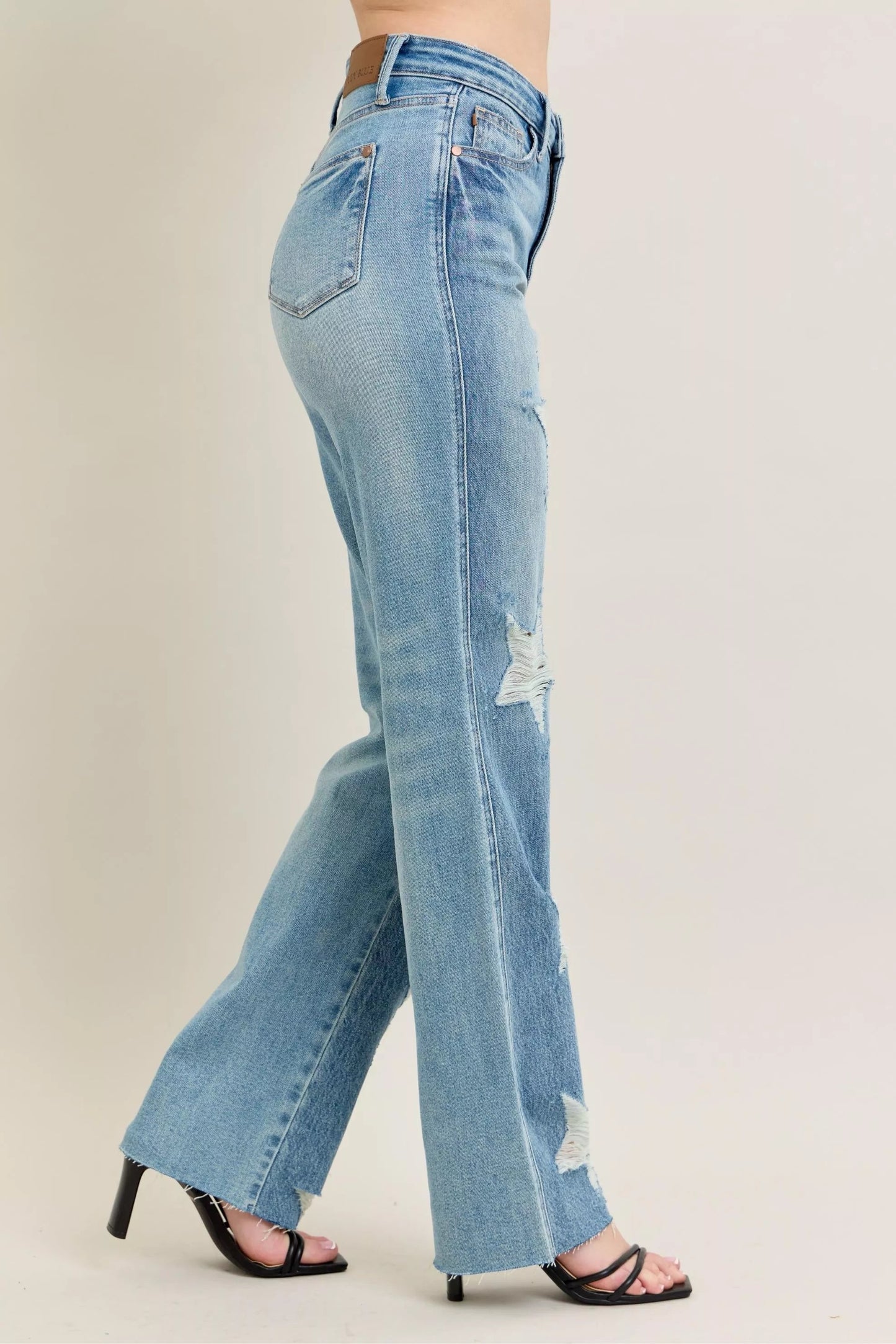 Judy Blue Full Size High Waist Rigid Magic Star Shaped Destroy 90's Straight Jeans Plus Size - Blu Lotus Boutique