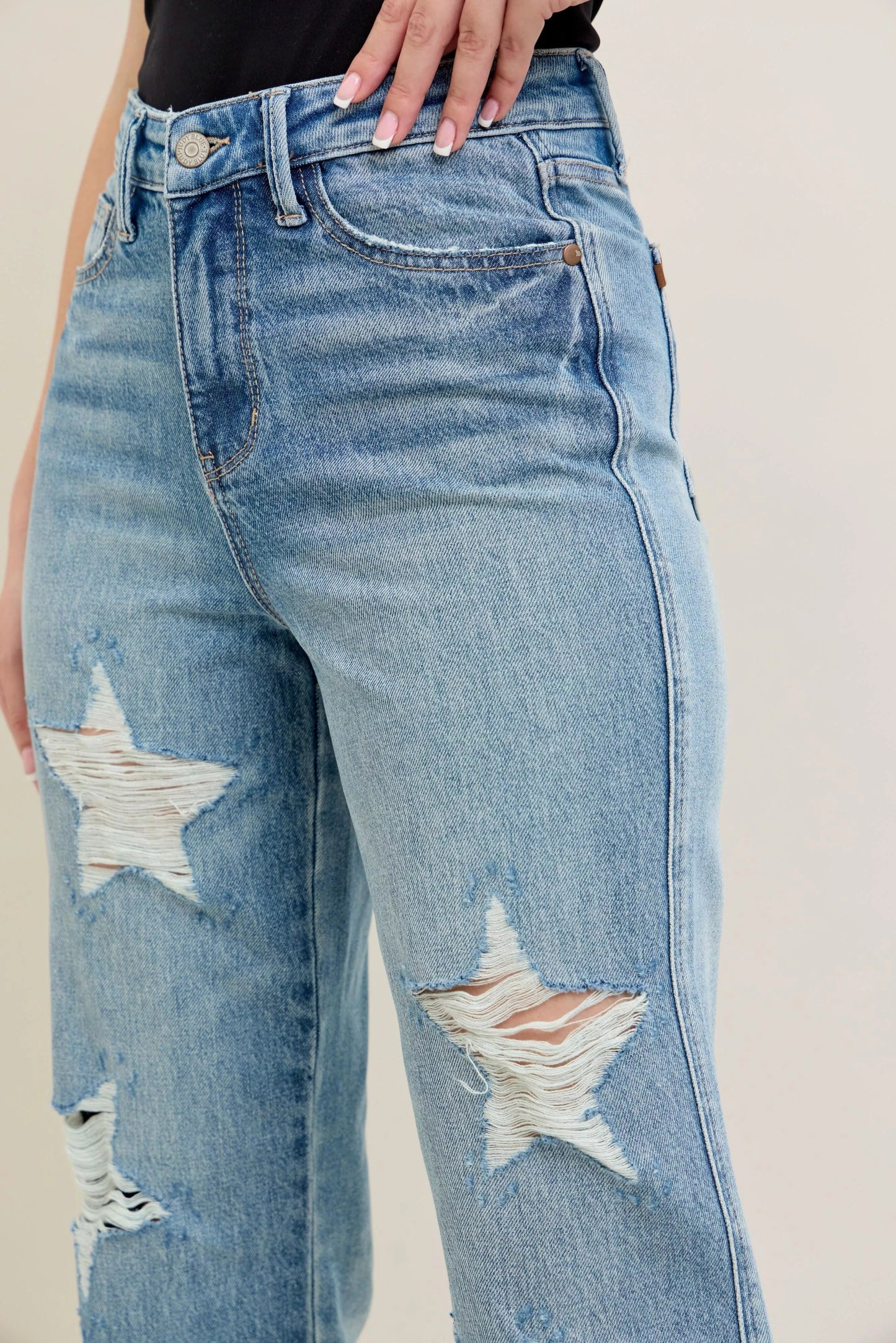 Judy Blue Full Size High Waist Rigid Magic Star Shaped Destroy 90's Straight Jeans Plus Size - Blu Lotus Boutique