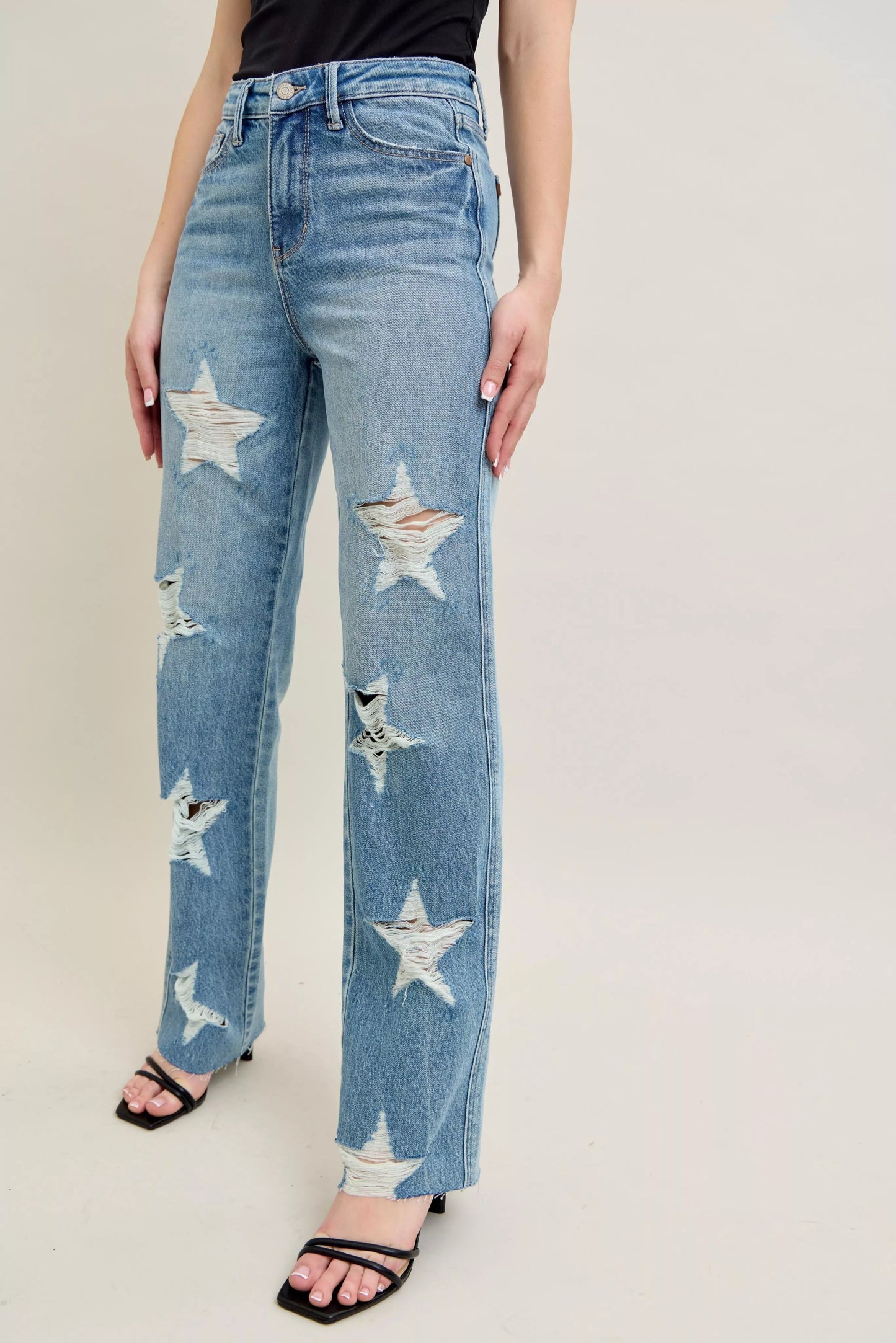 Judy Blue Full Size High Waist Rigid Magic Star Shaped Destroy 90's Straight Jeans Plus Size - Blu Lotus Boutique
