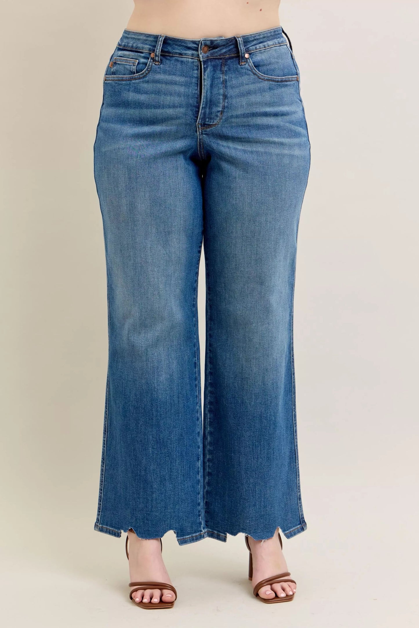 Judy Blue Full Size High Waist Tummy Control Chew Hem Destroy Wide Jeans Plus Size - Blu Lotus Boutique
