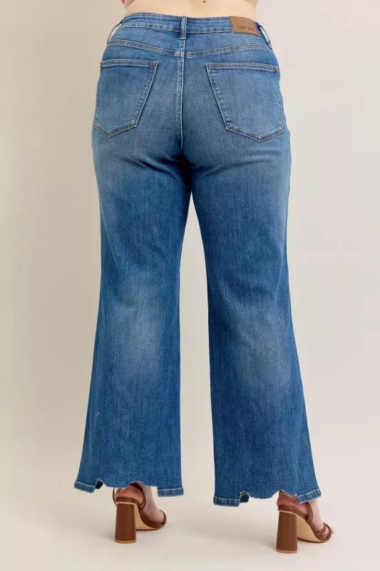 Judy Blue Full Size High Waist Tummy Control Chew Hem Destroy Wide Jeans Plus Size - Blu Lotus Boutique