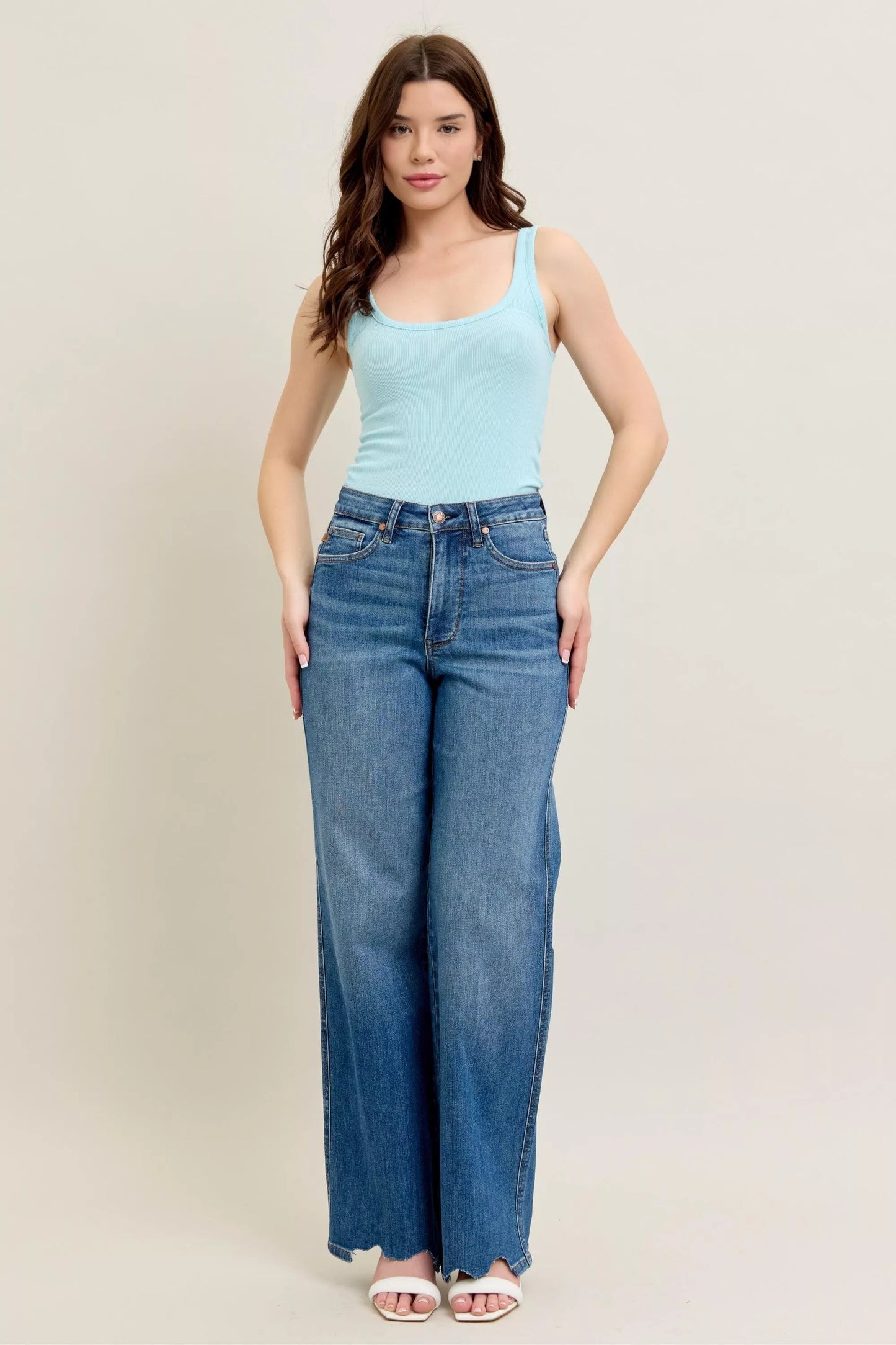 Judy Blue Full Size High Waist Tummy Control Chew Hem Destroy Wide Jeans Plus Size - Blu Lotus Boutique
