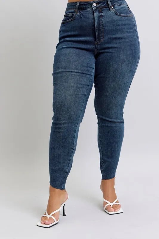 Judy Blue Full Size High Waist Tummy Control Step Hem Skinny Jeans Plus Size - Blu Lotus Boutique