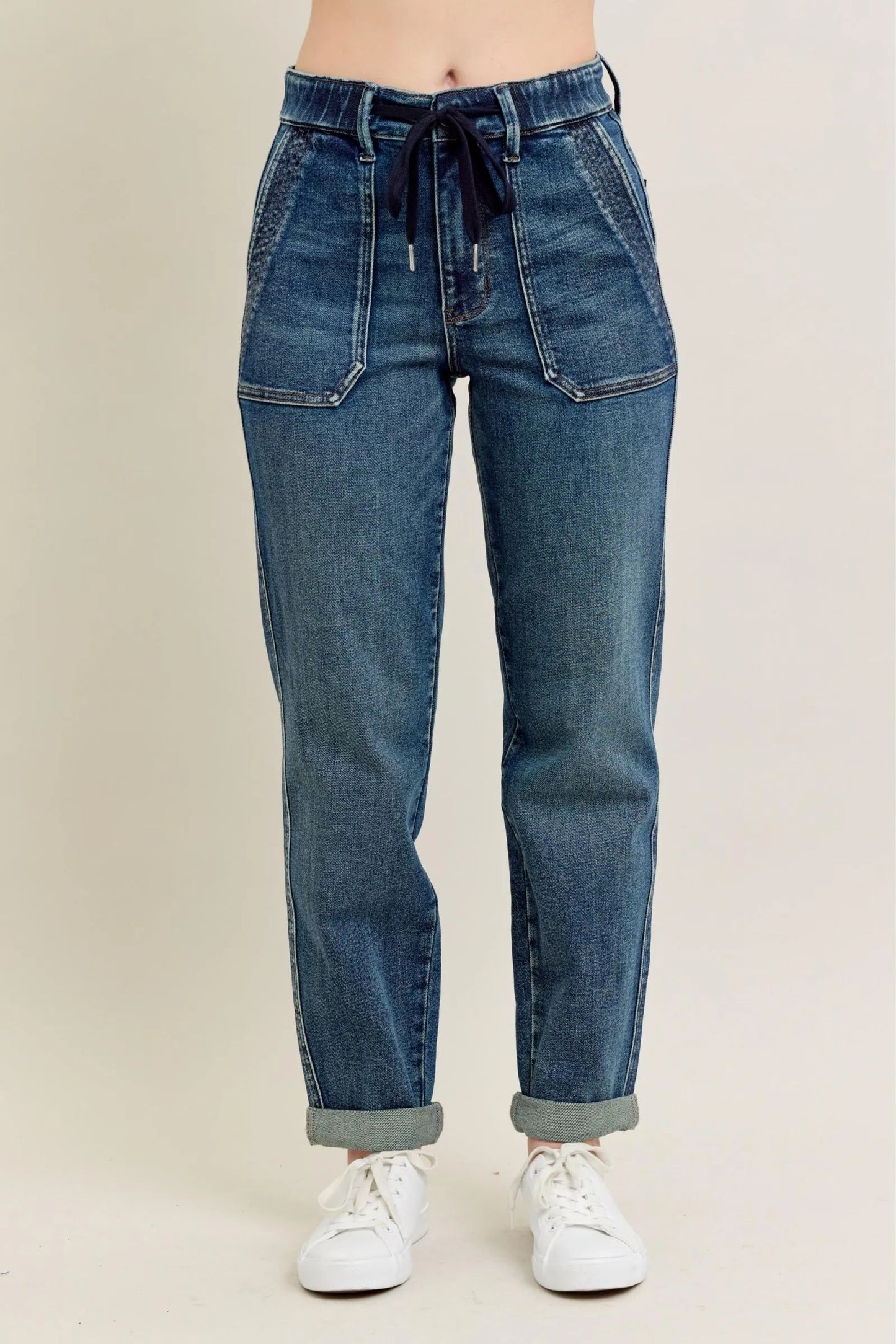 Judy Blue Full Size HW Vintage Wash Jeans w/ Drawstring Plus Size - Blu Lotus Boutique