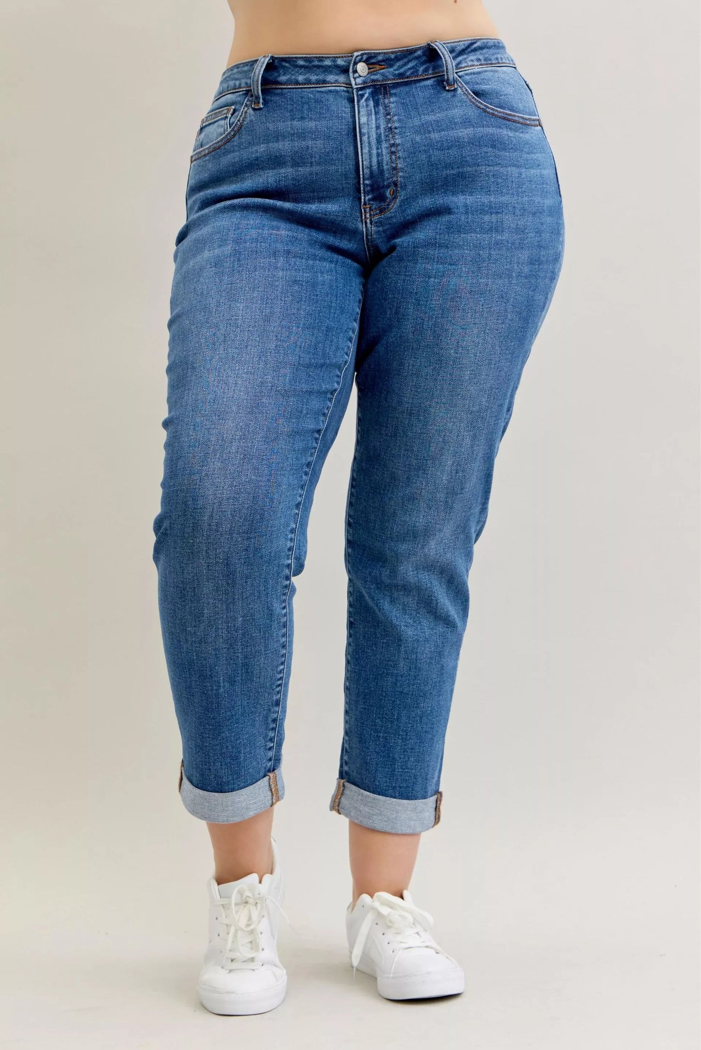 Judy Blue Full Size Mid Rise BF Classic Cuffed Jeans Plus Size - Blu Lotus Boutique