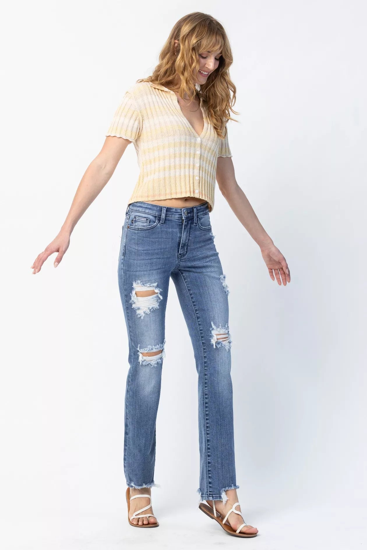 Judy Blue Full Size Mid Rise Destroy Straight Jeans Plus Size - Blu Lotus Boutique