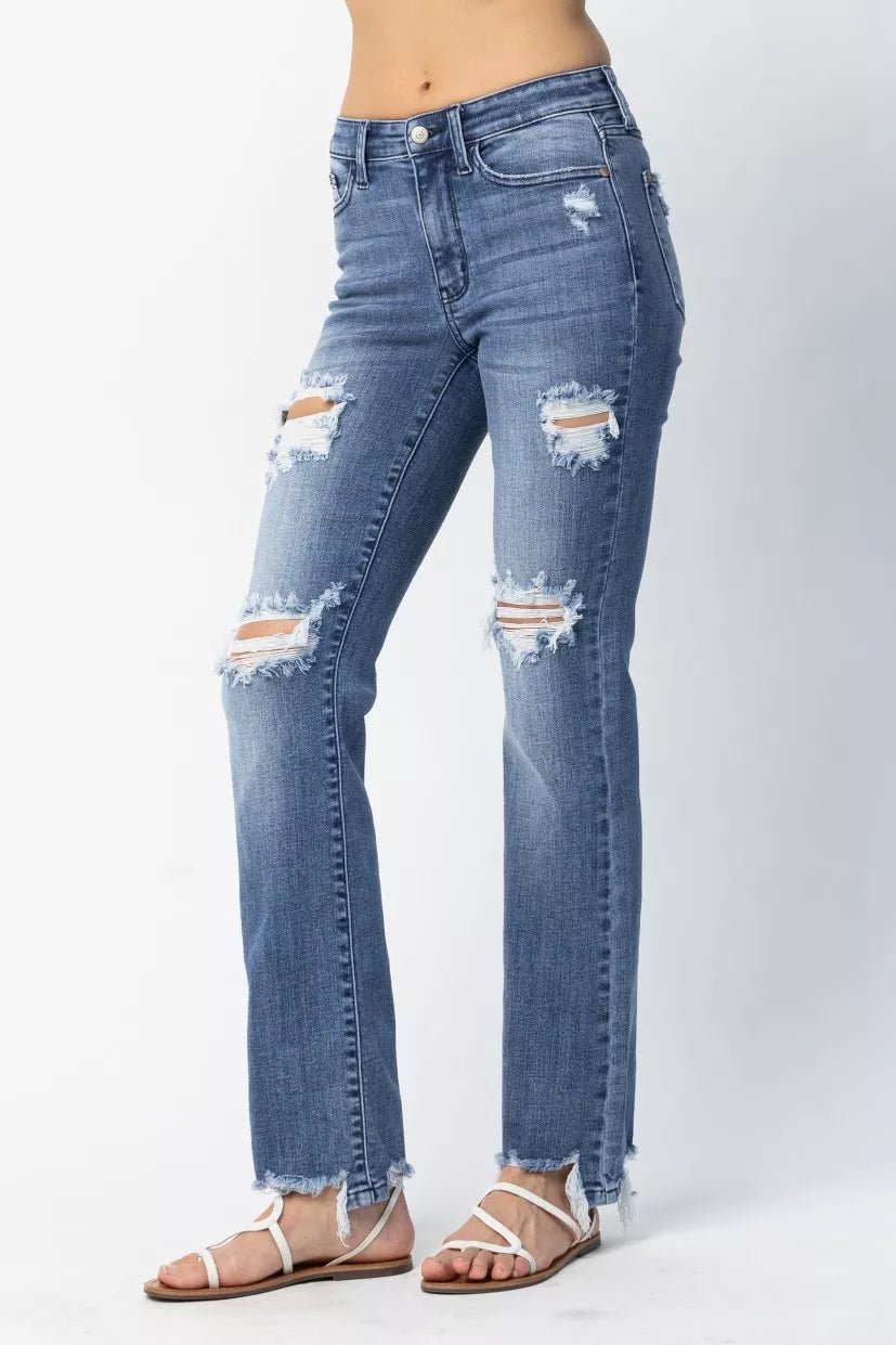 Judy Blue Full Size Mid Rise Destroy Straight Jeans Plus Size - Blu Lotus Boutique