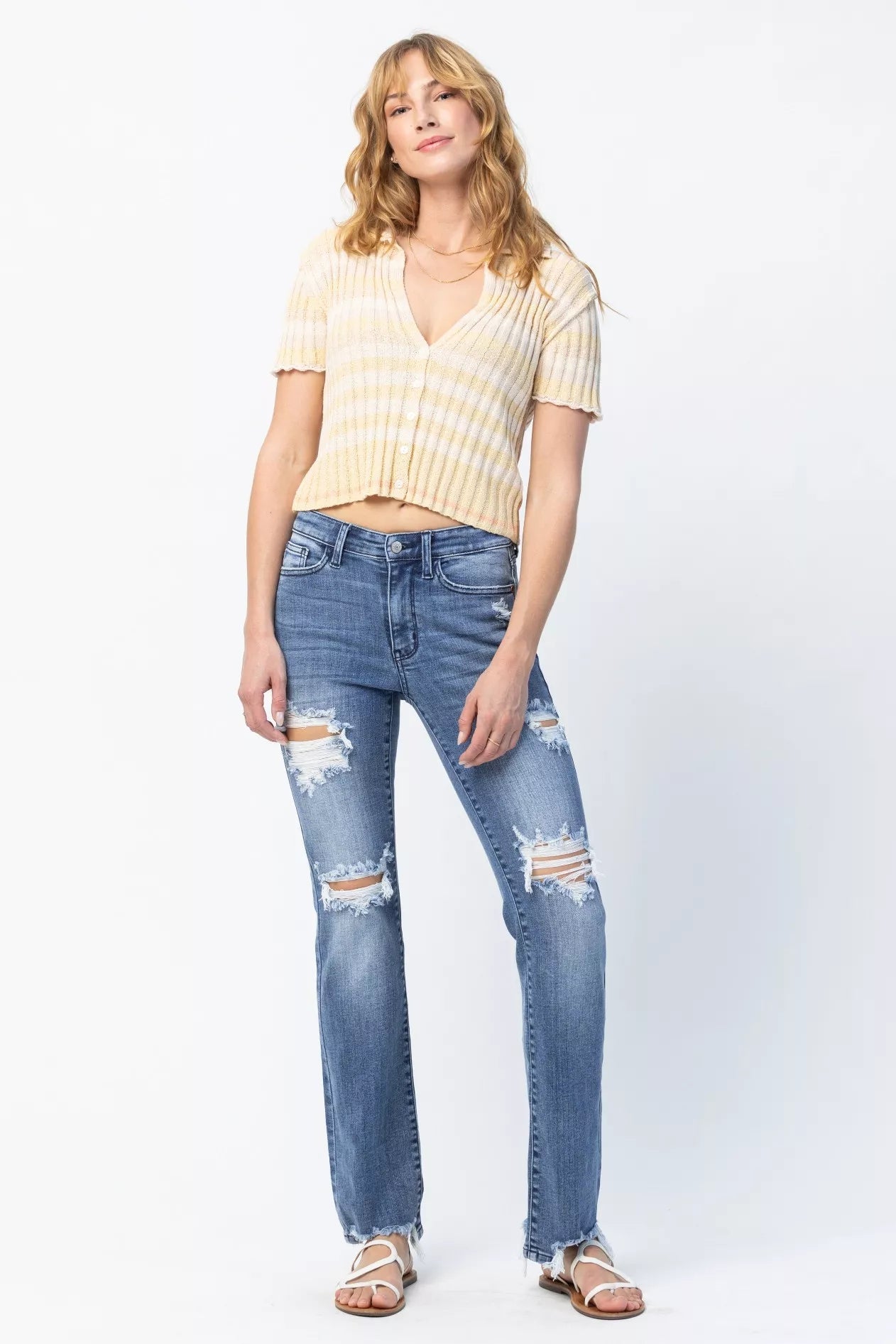 Judy Blue Full Size Mid Rise Destroy Straight Jeans Plus Size - Blu Lotus Boutique